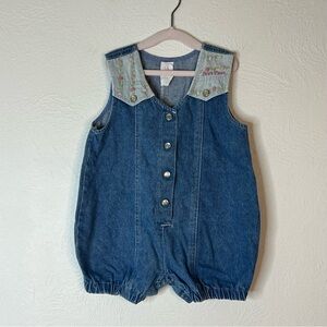Vintage Denim Embroidered Bubble Romper Floral Yoke Cotton Sleeveless Size 24M